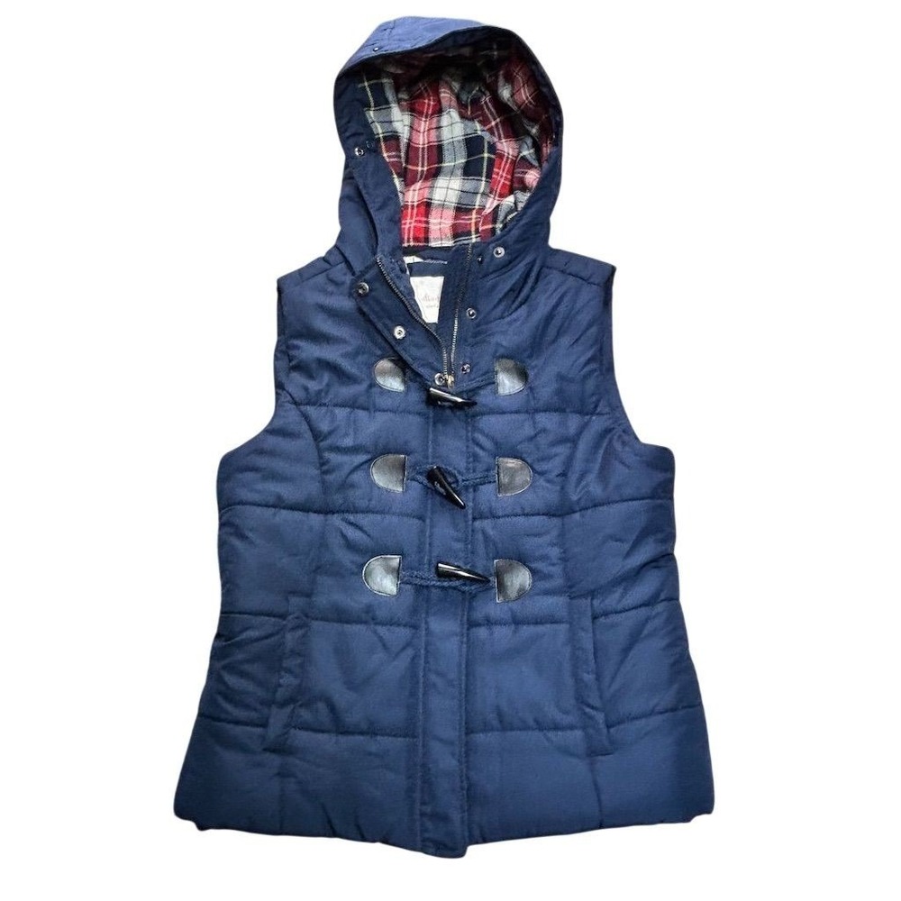 Altar'd State Women's‎ Puffer Vest L Navy Blue Hooded Plaid Lining